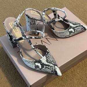 Deltan Black & White Snakeskin Pointed Toe Block Heel Sandals